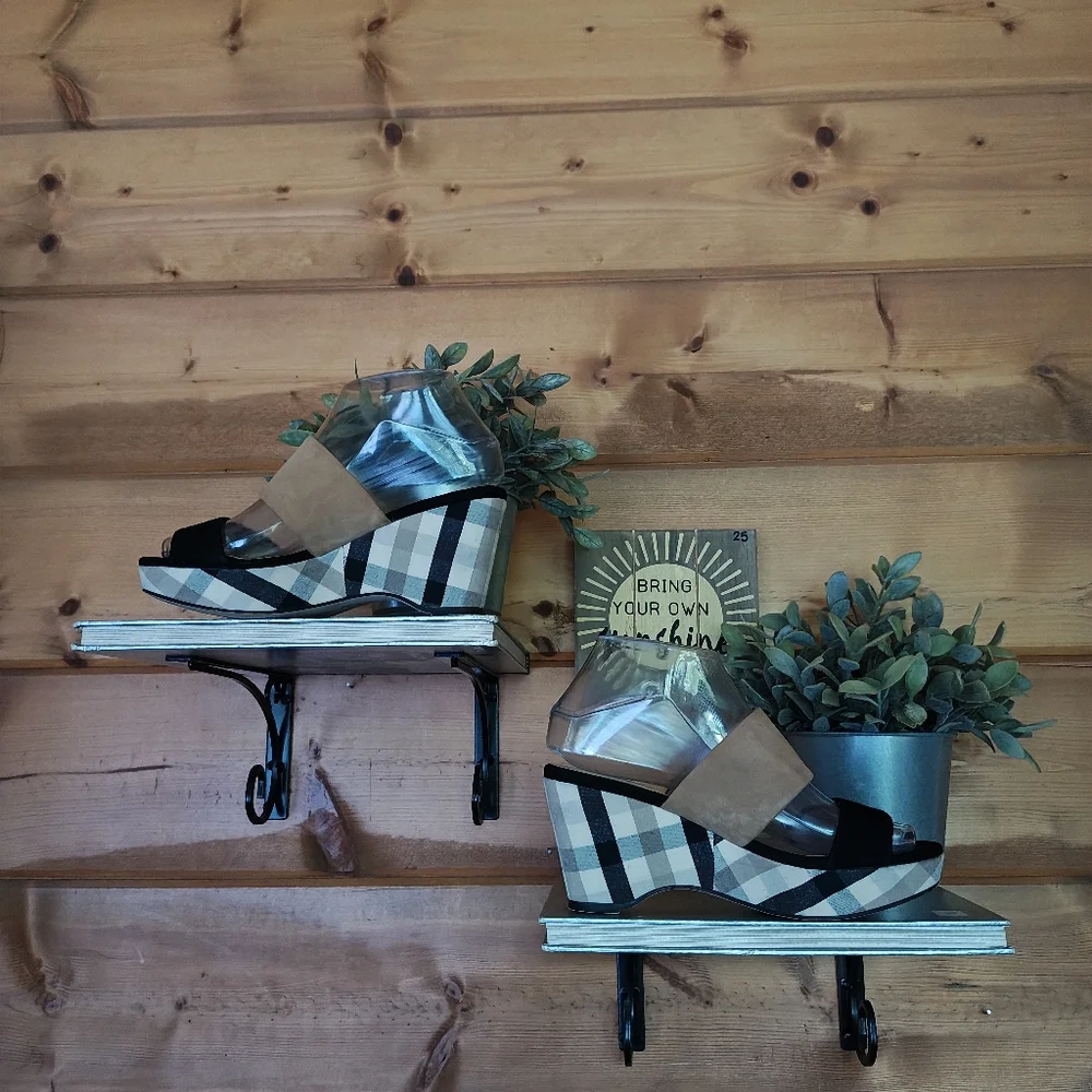 Sacha London Kali Leather Plaid Fabric Slip On Platform Wedge Heels Sandals Sz 6
